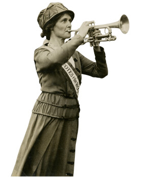 "Miss Rose Bower of North Dakota" Woman playing trumpet, wearing "Votes for Women" sash. Gelatin Silver Photograph, New-York Historical Society.