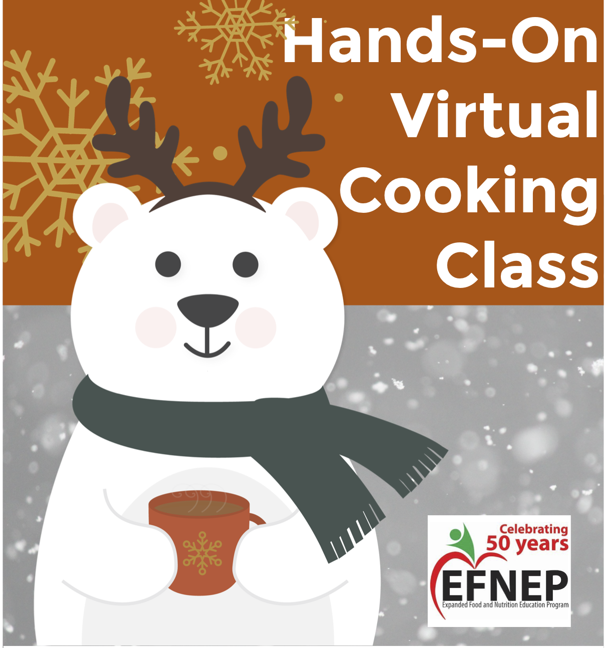 Hands On Virtual Cooking Class. Polar Bear wearing antlers holding a mug