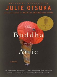 Buddha in the Attic book cover image of a woman in a kimono holding a red paper parisol