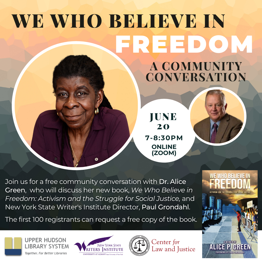 Author and moderator head shots and text "We who believe in freedom: A community conversation.  June 20th, 7-8:30pm online (Zoom)."