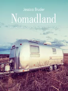 Nomadland book cover of an RV camper in a rural field