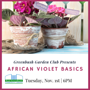 Greenbush Garden Club presents African Violet Basics, 11/1 at 6PM. Register.
