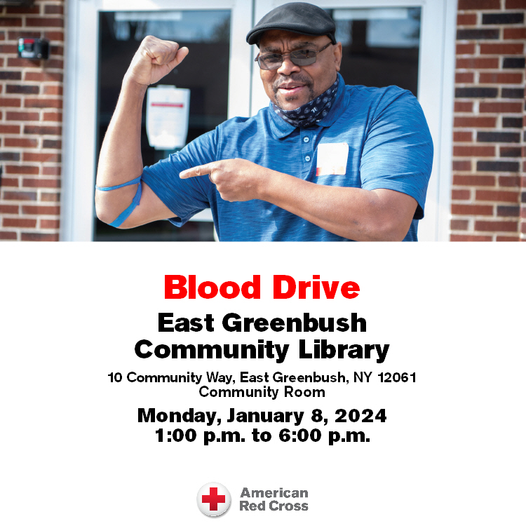 Red Cross Blood Drive 1/8/24 from 1-6 pm at the library. Appointment recommended. 
