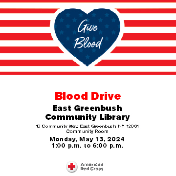 Red Cross Blood Drive May 13, 2024, 1-6pm. Appointment recommended. Walk-ins Welcome.