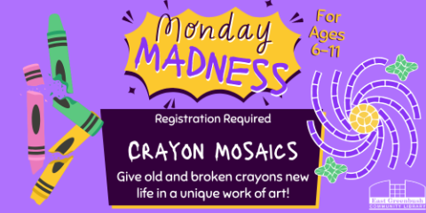 Monday Madness Crayon Mosaics text with graphics of broken crayons and mosaic spiral