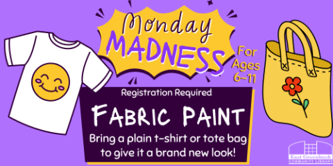 Monday Madness Fabric Painting text with illustrated tote bag and tee-shirt to the sides.