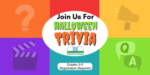 Brightly colored background with "Join us for Halloween Trivia" in front