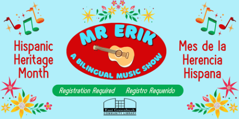 Blue background with floral & music note decals advertising Mr Erik's bilingual music show for Hispanic Heritage Month