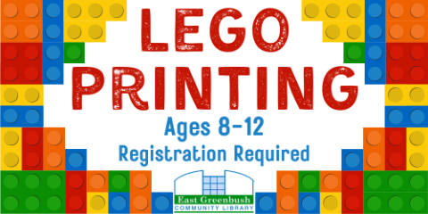 Lego brick border with "Lego Printing" in big bold text with "Ages 8-12" and "Registration Required"