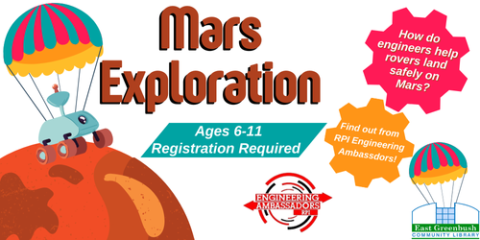 Mars Rover landing by parachute on the planet with "Mars Exploration" in large text, along with "Ages 6-11" and "Registration Required"