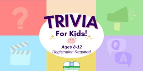 Pastel background with text reading "Trivia for Kids! Ages 8-12 Registration Required"