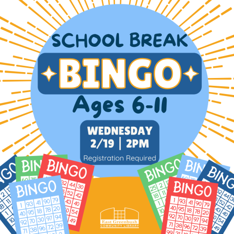 Bingo sheets along bottom with bubble text reading title of program, age requirements, and date. Registration required noted.