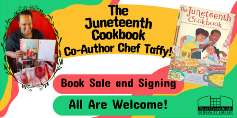 Image featuring Chef Taffy and her new book, The Juneteenth Cookbook, highlight book sale and signing.