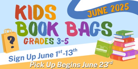 Banner for Kids Book Bags, noting date and grade level ranges.