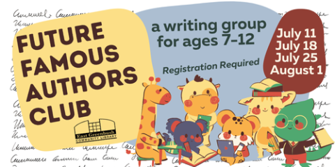 Graphic for Future Famous Authors Club with cartoon animals writing