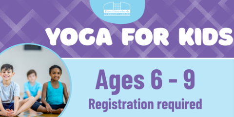 purple & blue background with an image of children sitting on yoga mats, text reading "yoga for kids, ages 6-9, registration required"