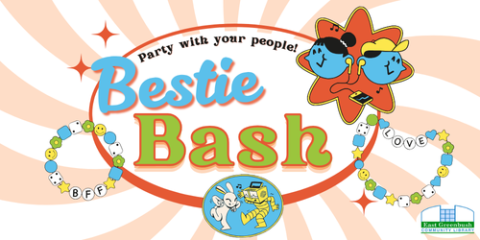 Bestie Bash design with friends and friendship bracelets. Tagline "Party with your people!"