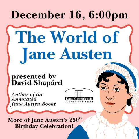 Jane austen in a blue dress wearing a white bonnet with a blue ribbon