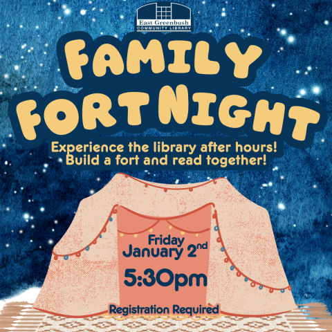 starry background reading "Family Fort Night" with time and date details in tent