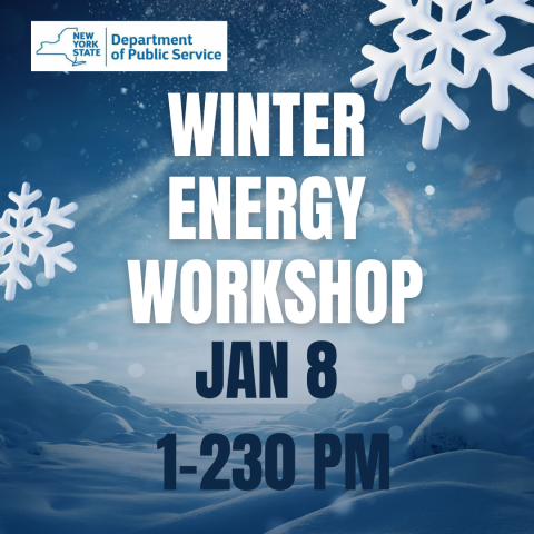 Blue and white square image of a winter landscape that says Winter Energy Workshop Jan 8 1-230 PM