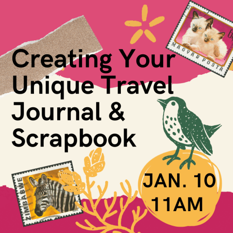 SCRAPBOOK PAGE WITH FOREIGN STAMPS AND A BIRD