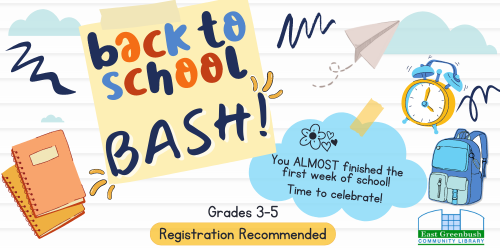 "Back to School BASH" in big letters on a faux sticky note.  Surrounded by doodles and school supply images