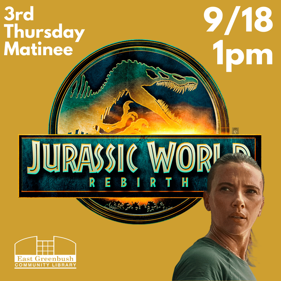 JURASSIC WORLD REBIRTH LOGO WITH SCARLETT JOHANSSAN LOOKING OVER HER SHOULDER