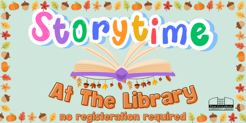 Storytime At the Library text with autumnal boarder and open book icon