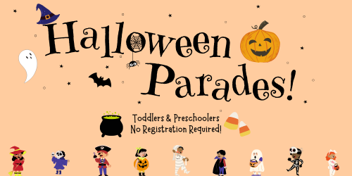 Rectangular poster for a Halloween parade being held on 10/27 at 6:00 pm.