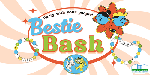 Bestie Bash design with friends and friendship bracelets. Tagline "Party with your people!"