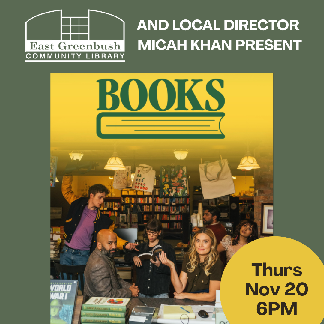 Green background with picture of tv show characters in a book store smiling.